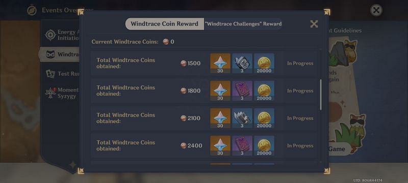 List of missions in the Windtrace event (Image via miHoYo)